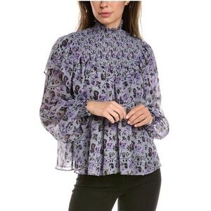 Cinq a Sept Drew Georgette L/S Smocked Ruffle Top Medium Blue‎ Purple Floral